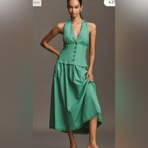 Anthropologie Maeve Halter V-Neck Drop-Waist Green Midi Dress Large NWT